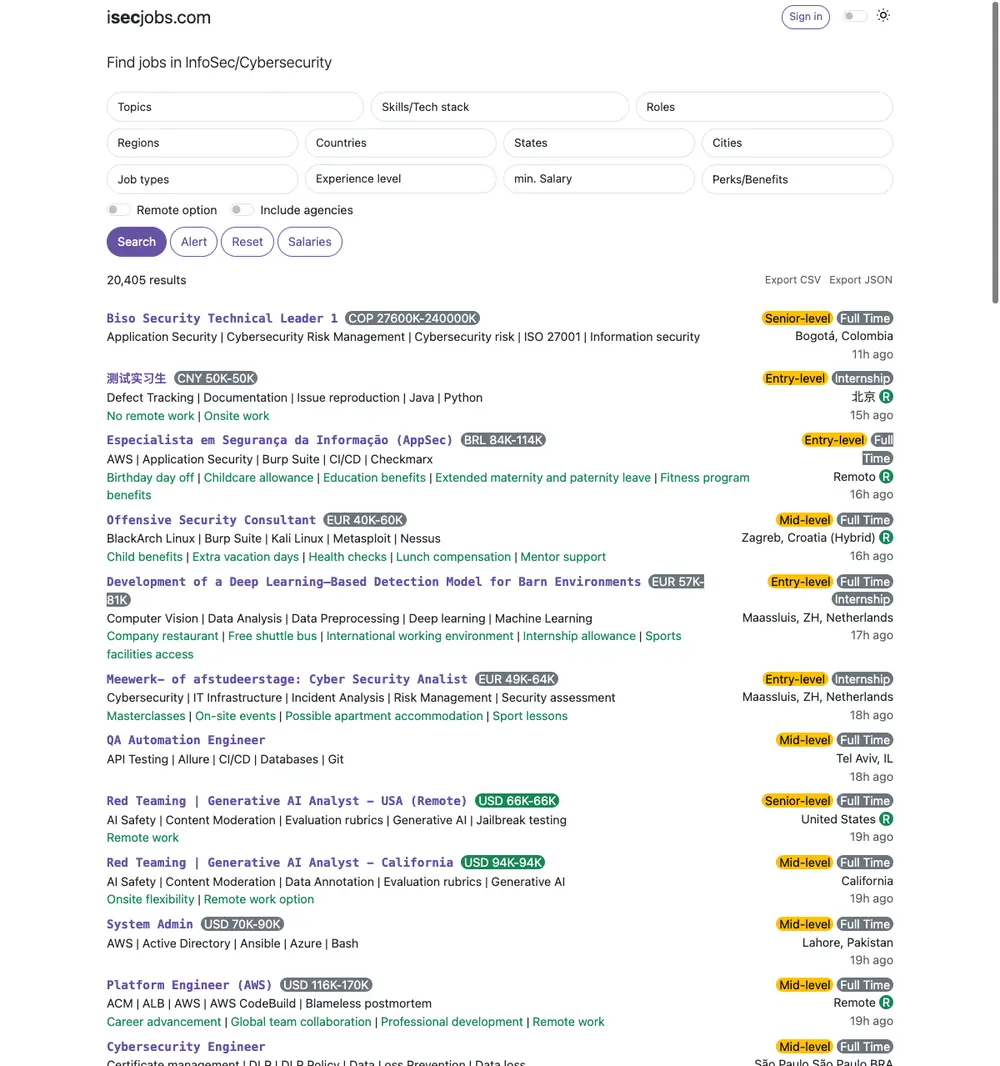 isecjobs.com job board platform screenshot showing job search interface