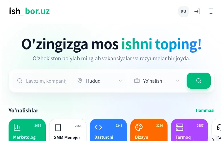 ish-bor.uz job board platform screenshot showing job search interface