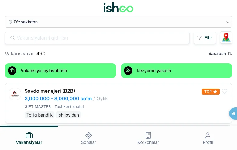 ishGO job board platform screenshot showing job search interface
