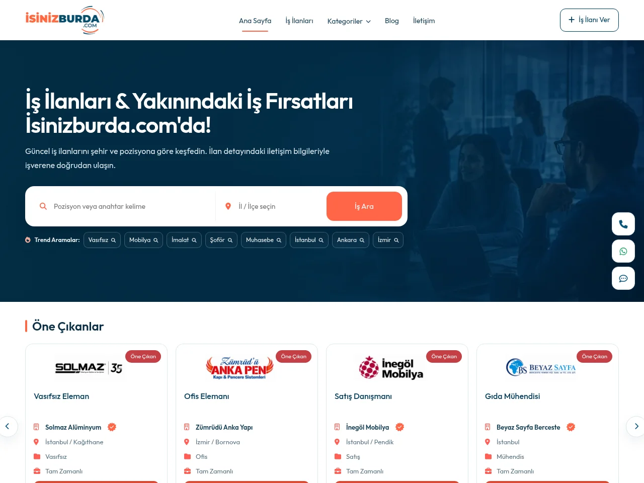 İsinizburda.com job board platform screenshot showing job search interface