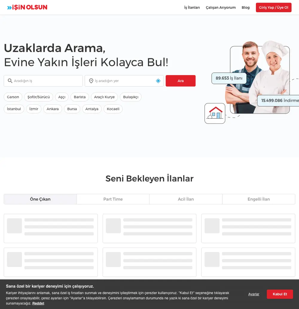 İşin Olsun job board platform screenshot showing job search interface