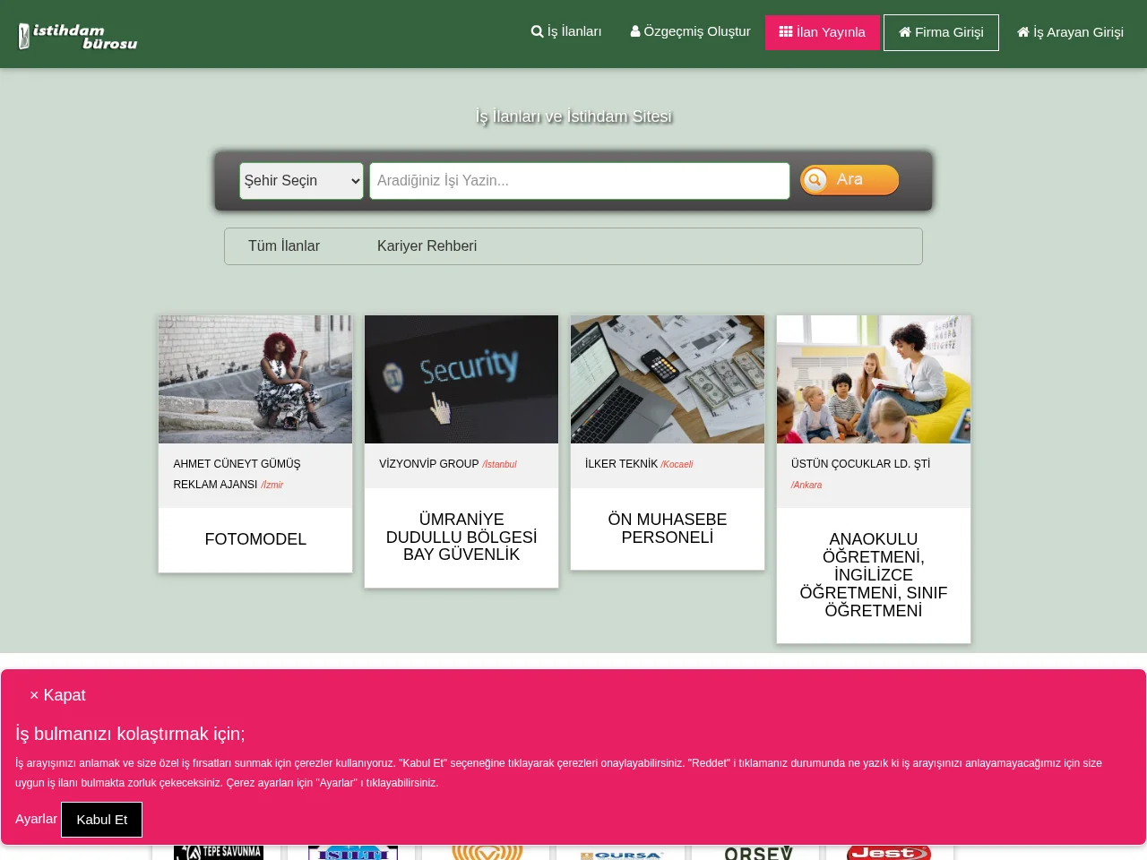 istihdamburosu.com job board platform screenshot showing job search interface