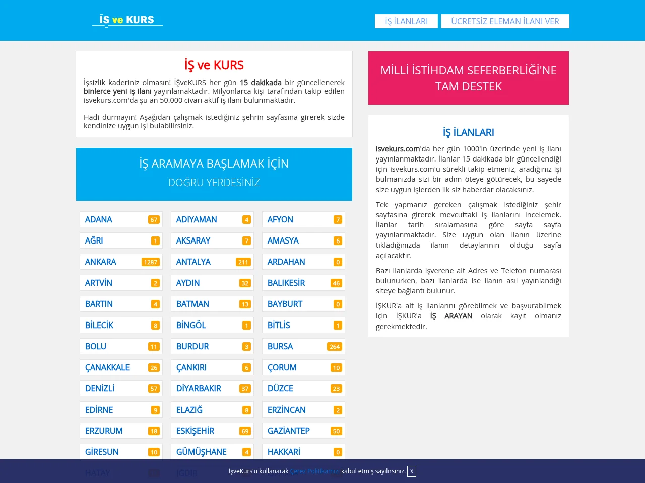 İş ve Kurs job board platform screenshot showing job search interface