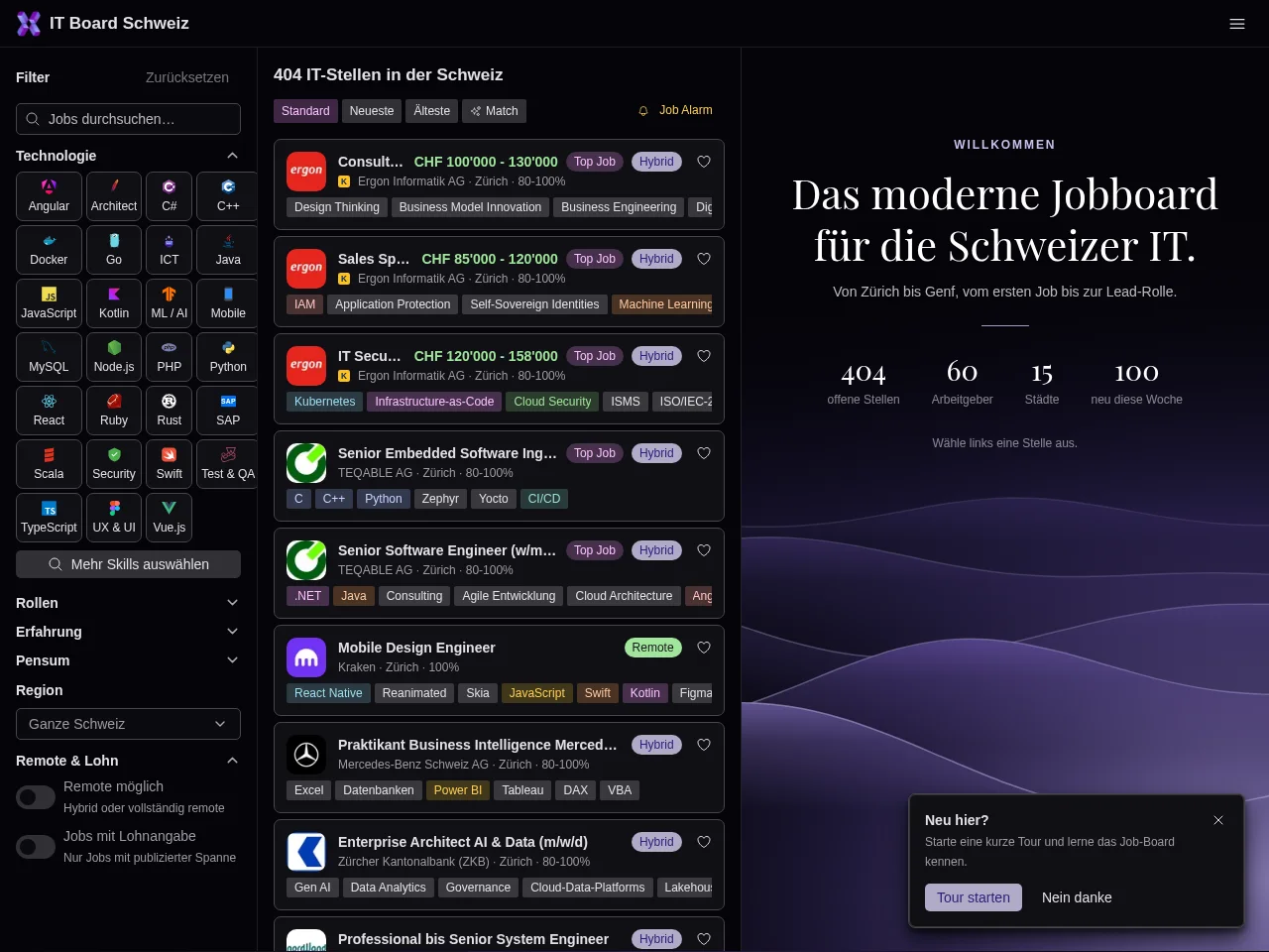itboard.ch job board platform screenshot showing job search interface