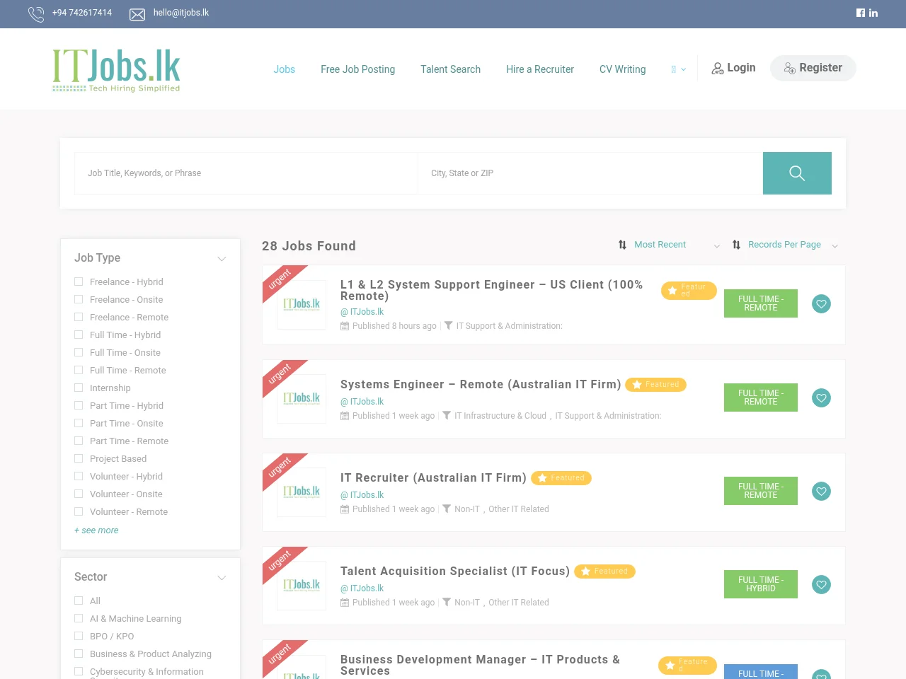ITJobs.lk job board platform screenshot showing job search interface