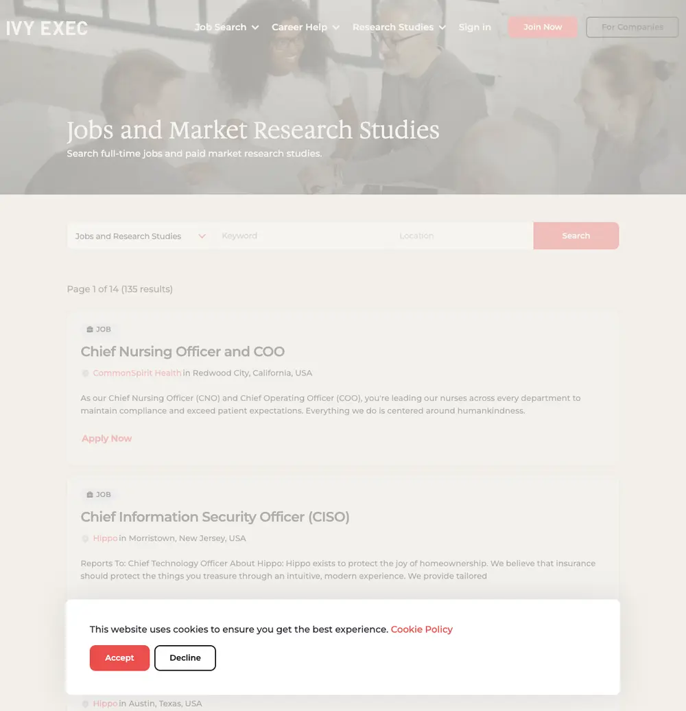 Ivy Exec screenshot Ivy Exec job board platform screenshot showing job search interface