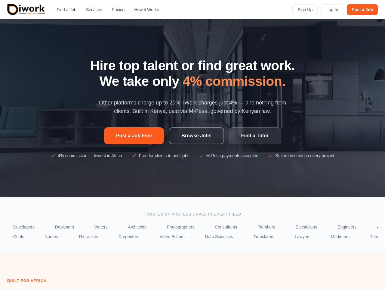 iWork Freelancer job board platform screenshot showing job search interface