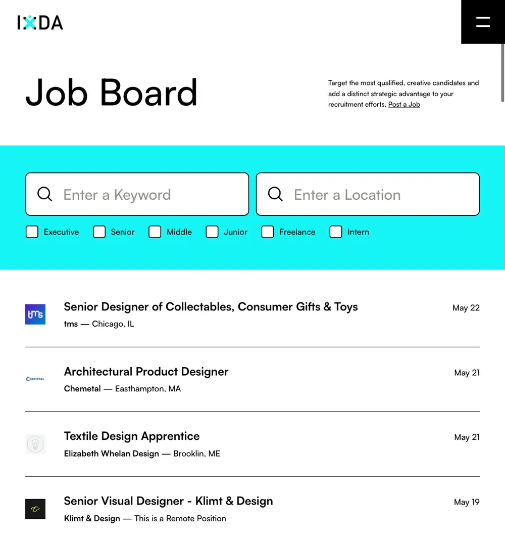 IxDA Job Board job board platform screenshot showing job search interface