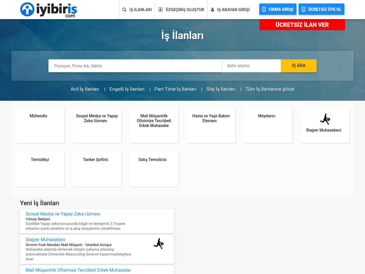 iyibiris.com job board platform screenshot showing job search interface