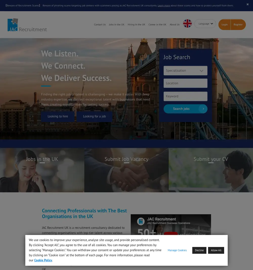 JAC Recruitment UK job board platform screenshot showing job search interface