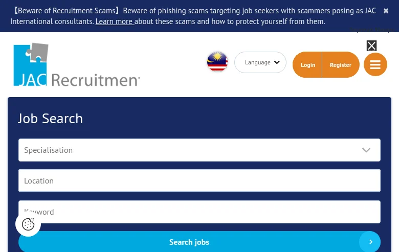 JAC Recruitment Malaysia job board platform screenshot showing job search interface