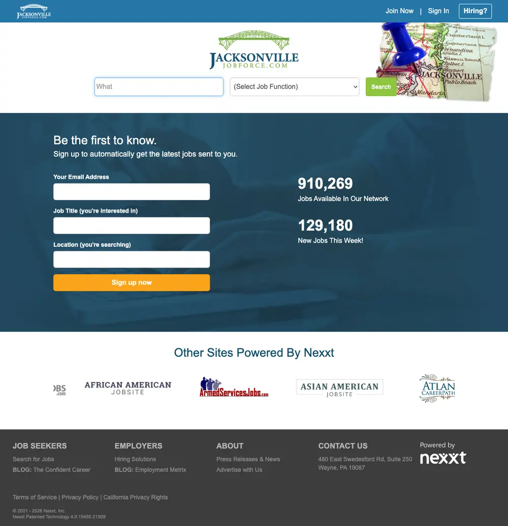 Jacksonville Job Force job board platform screenshot showing job search interface