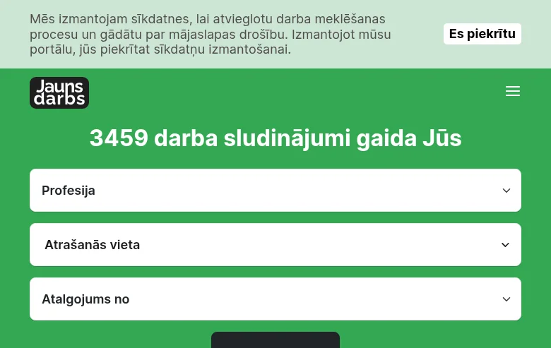 Jaunsdarbs.lv job board platform screenshot showing job search interface