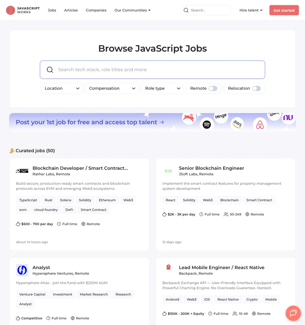 JavaScript Works job board platform screenshot showing job search interface