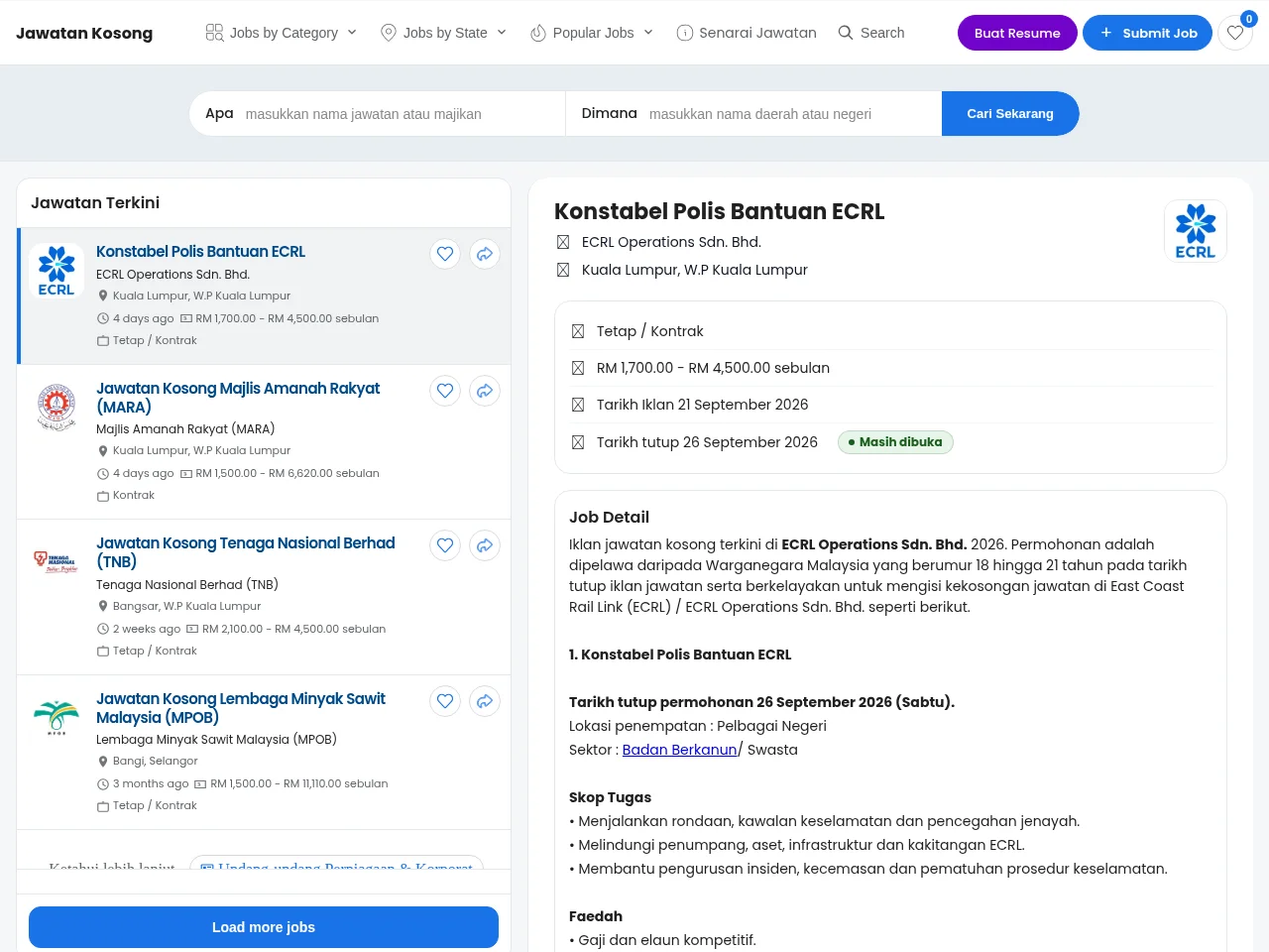 Jawatan Kosong Malaysia screenshot Jawatan Kosong Malaysia job board platform screenshot showing job search interface