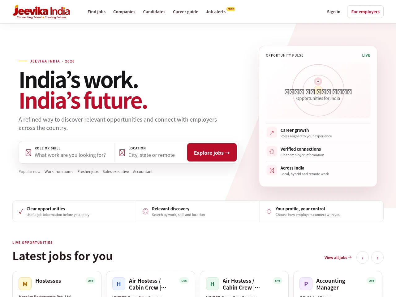 Jeevika India job board platform screenshot showing job search interface