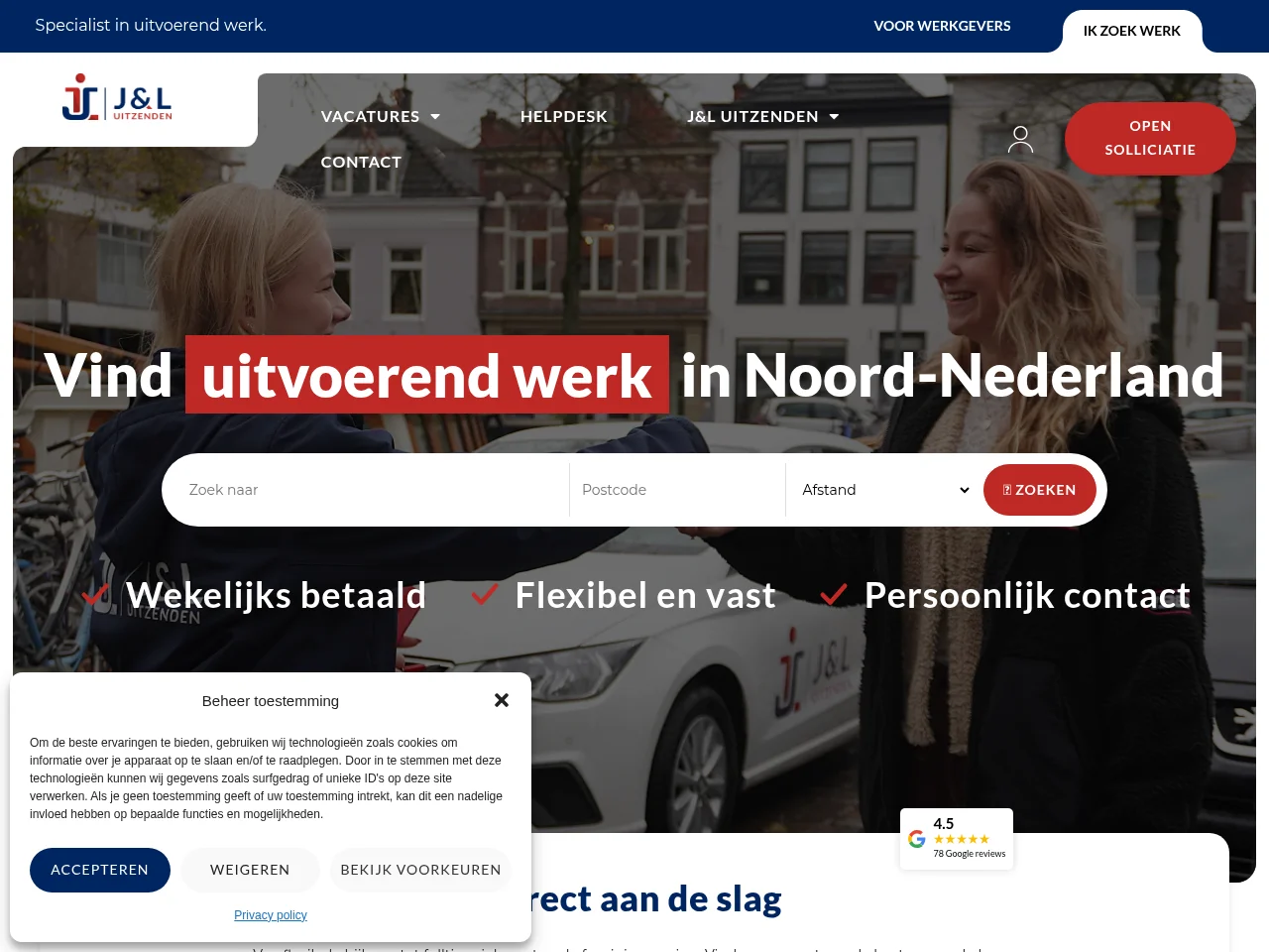 J&L Uitzenden job board platform screenshot showing job search interface