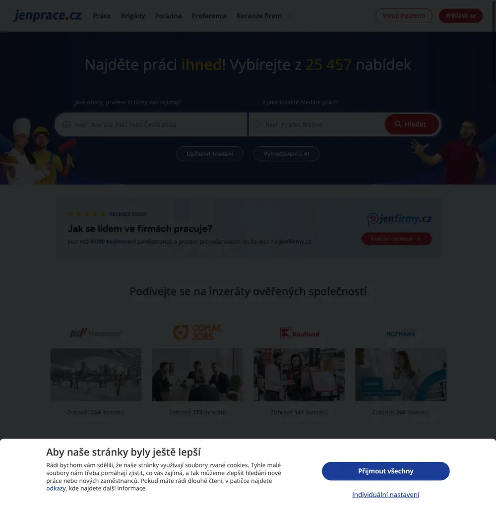 JenPráce.cz job board platform screenshot showing job search interface