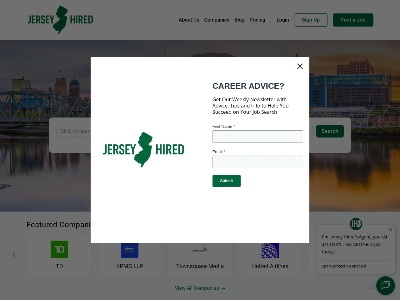 Jersey Hired job board platform screenshot showing job search interface