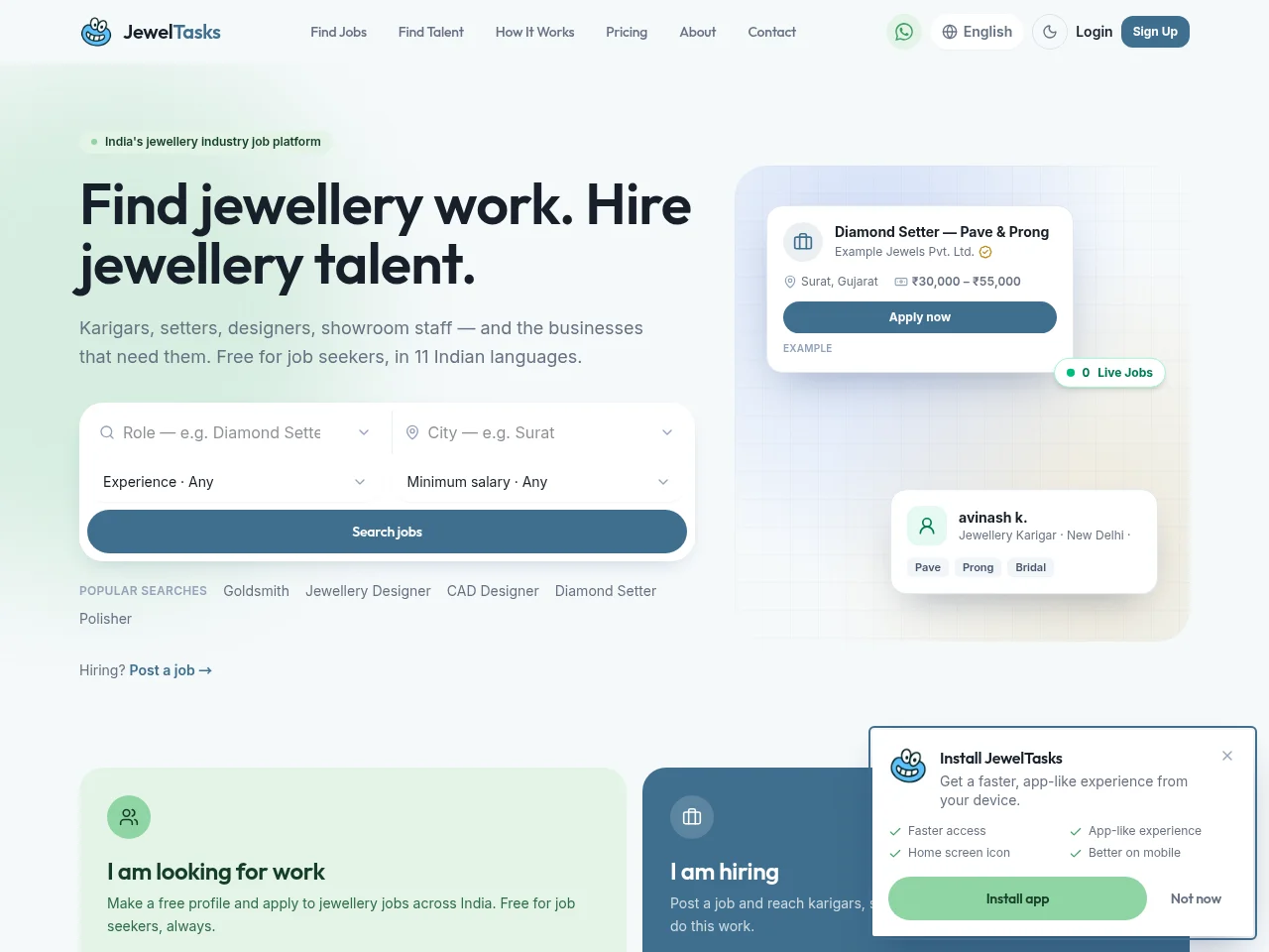 JewelTasks screenshot JewelTasks job board platform screenshot showing job search interface