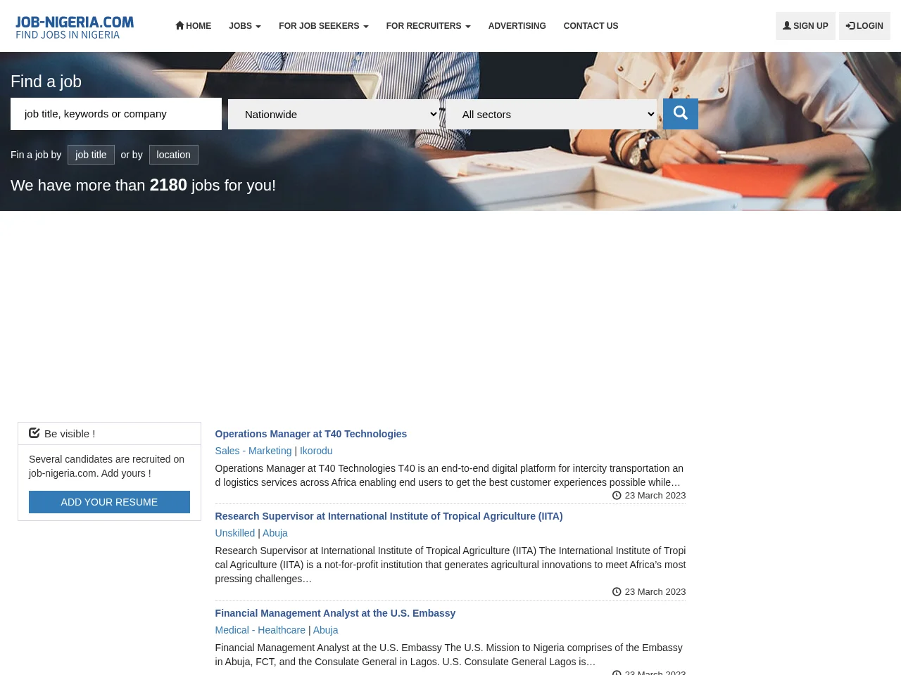 Job Nigeria job board platform screenshot showing job search interface