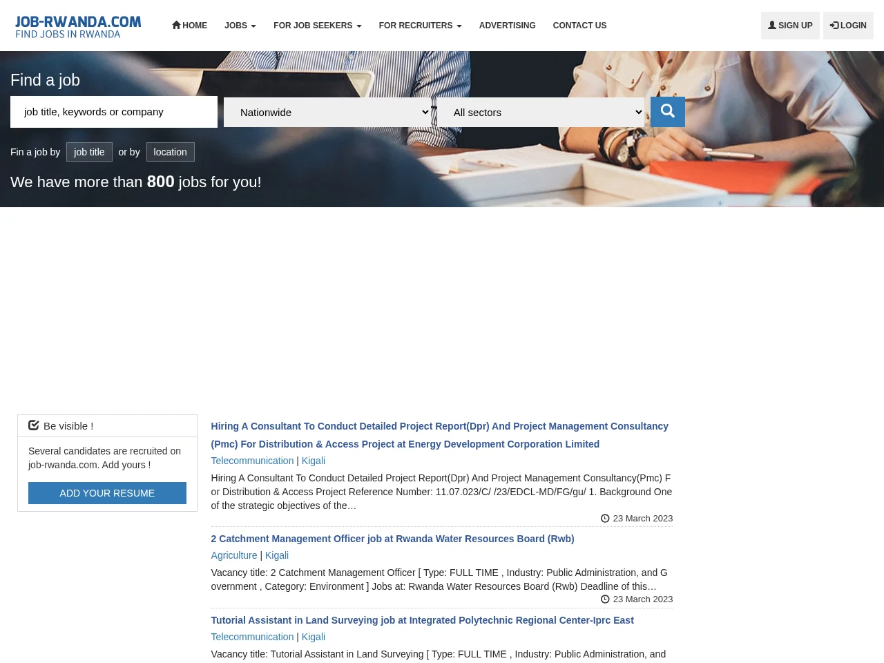 Rwanda Jobs job board platform screenshot showing job search interface