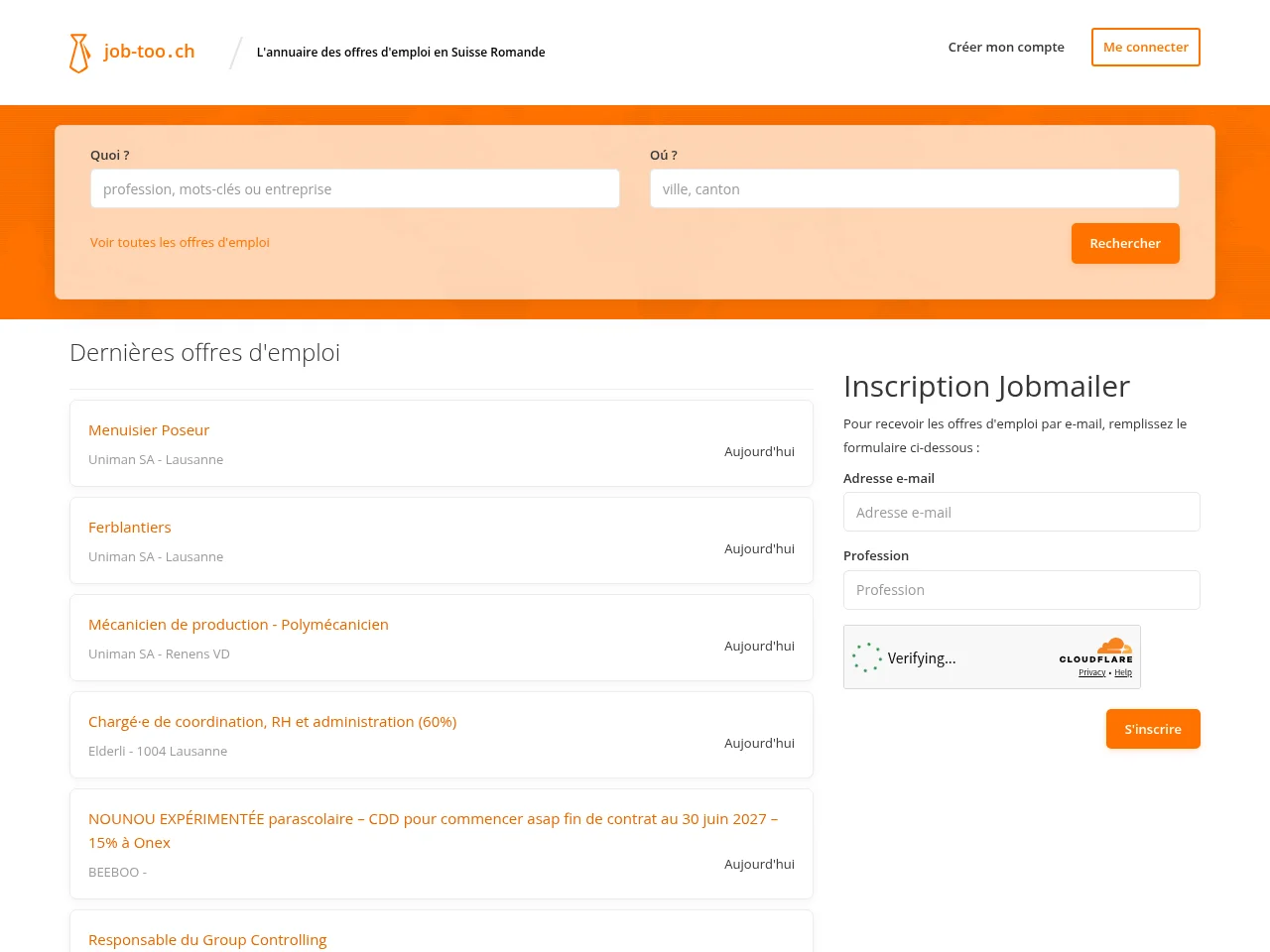 job-too.ch job board platform screenshot showing job search interface