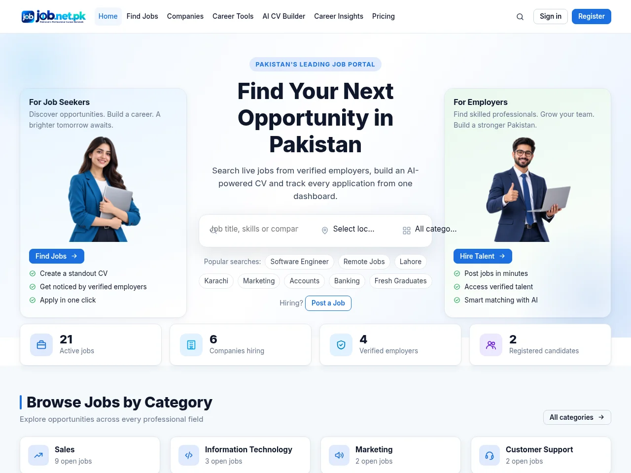 Job.net.pk job board platform screenshot showing job search interface