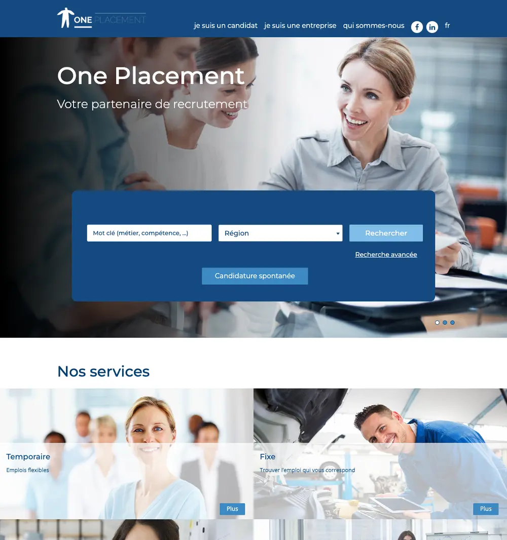 One Placement job board platform screenshot showing job search interface
