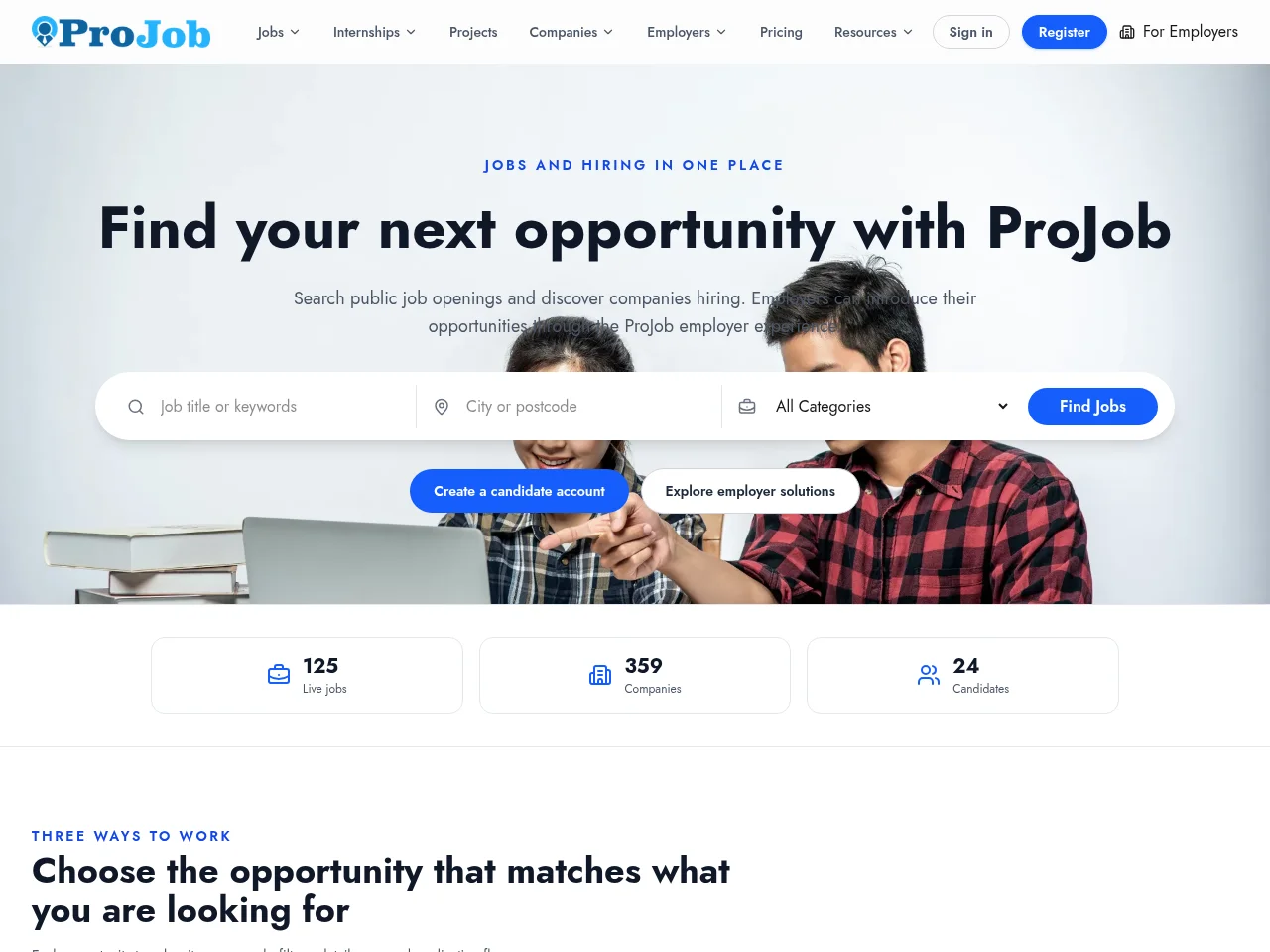 ProJob job board platform screenshot showing job search interface