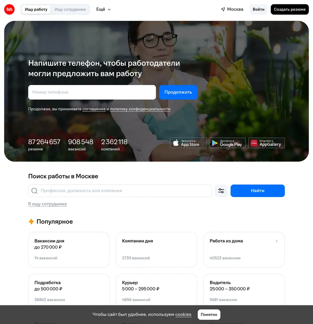 hh.ru job board platform screenshot showing job search interface