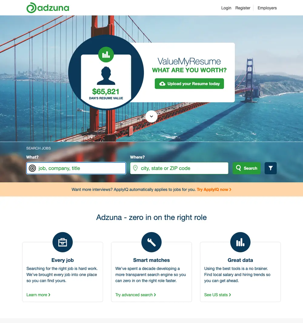 Adzuna job board platform screenshot showing job search interface