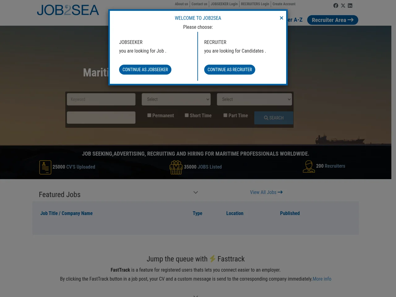 Job2Sea job board platform screenshot showing job search interface