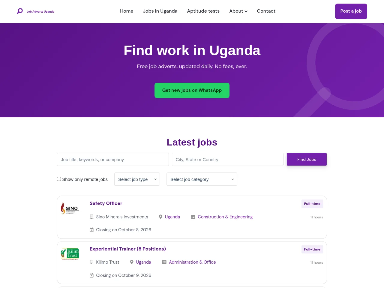 Job Adverts Uganda job board platform screenshot showing job search interface