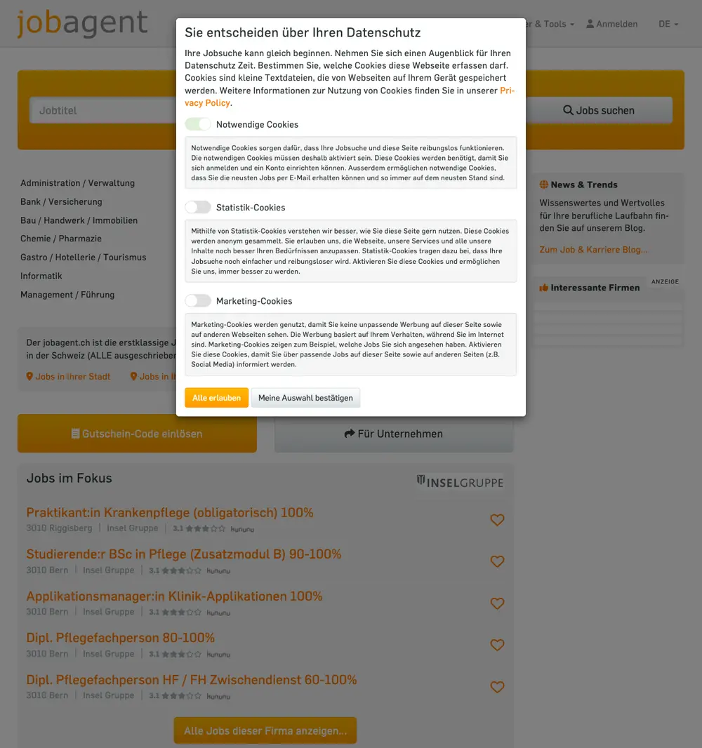 jobagent.ch job board platform screenshot showing job search interface