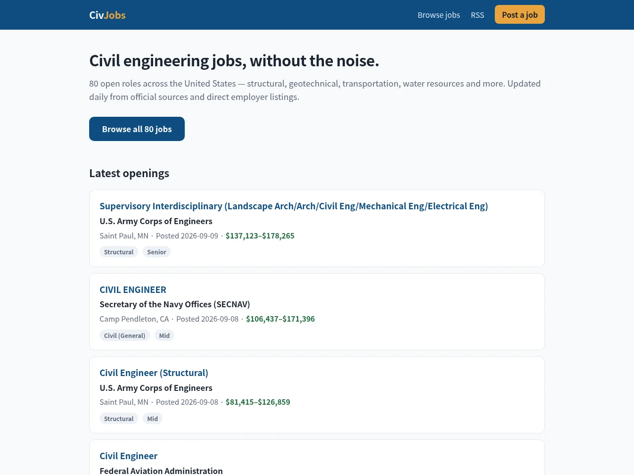 CivJobs job board platform screenshot showing job search interface