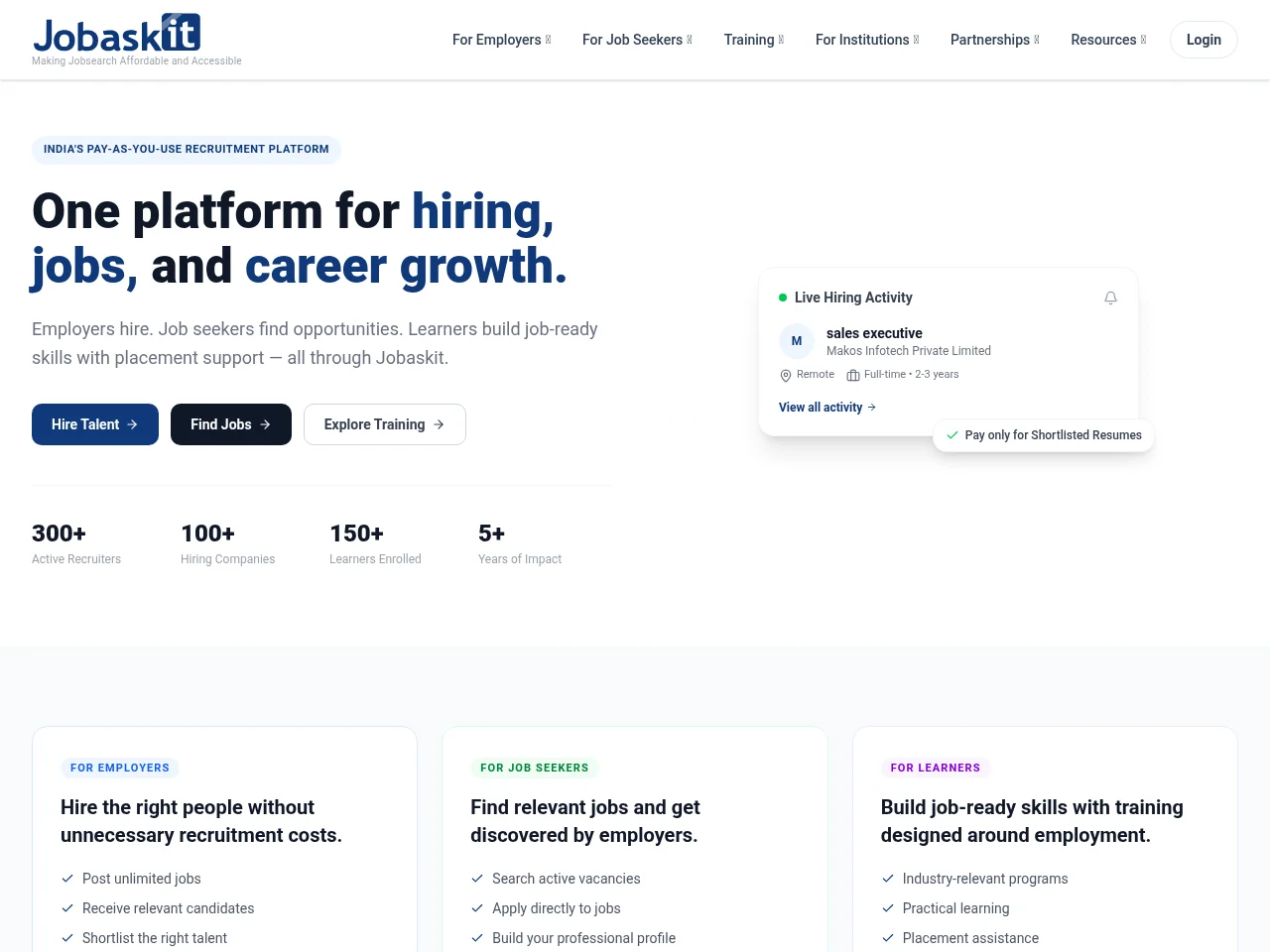 Jobaskit job board platform screenshot showing job search interface