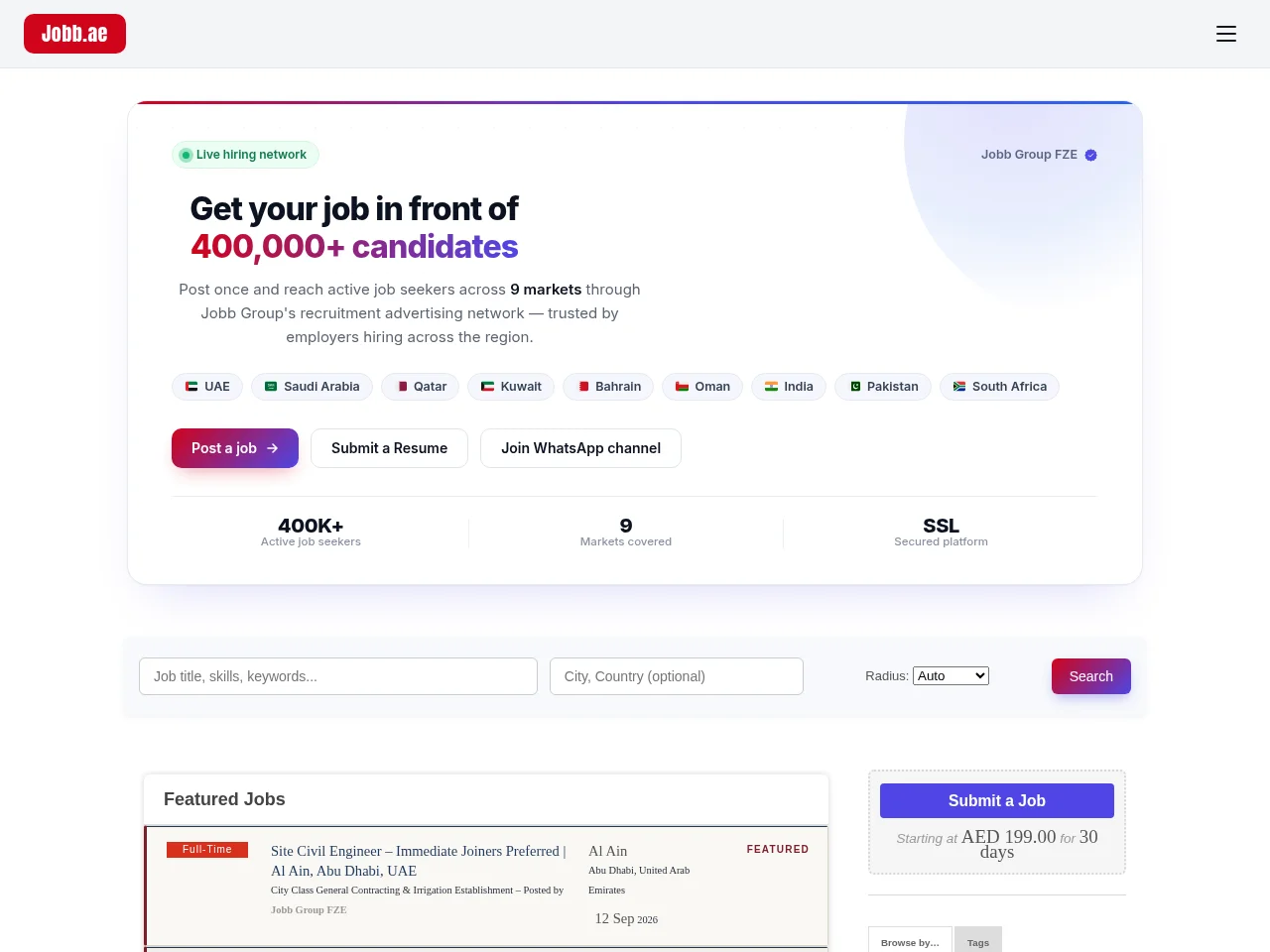 Jobb.ae job board platform screenshot showing job search interface
