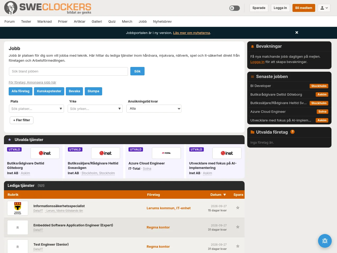 SweClockers Jobb job board platform screenshot showing job search interface