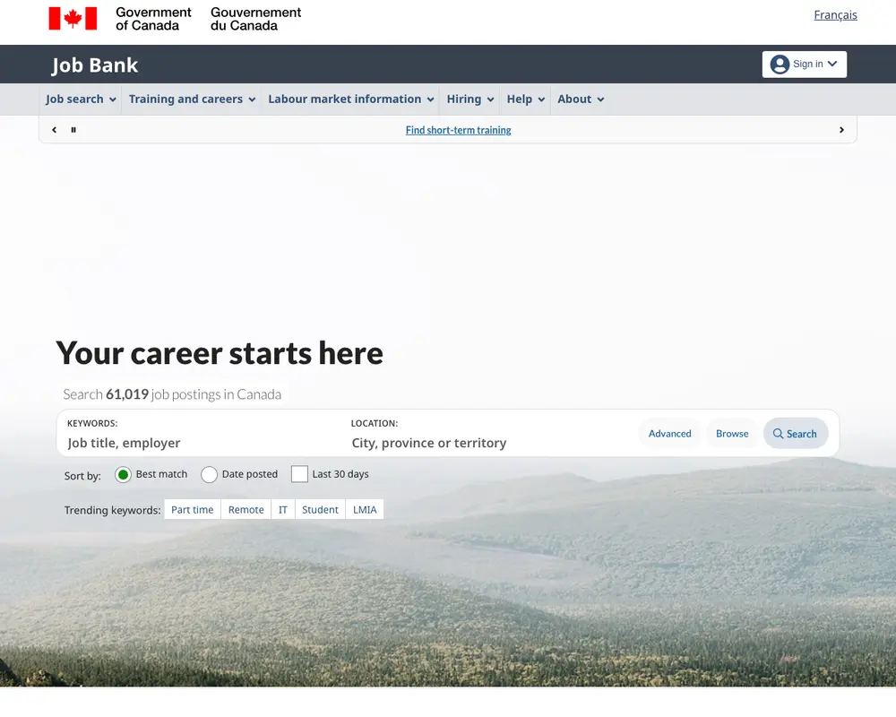 Job Bank job board platform screenshot showing job search interface