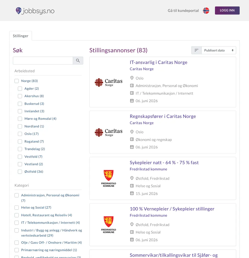 Jobbsys.no job board platform screenshot showing job search interface