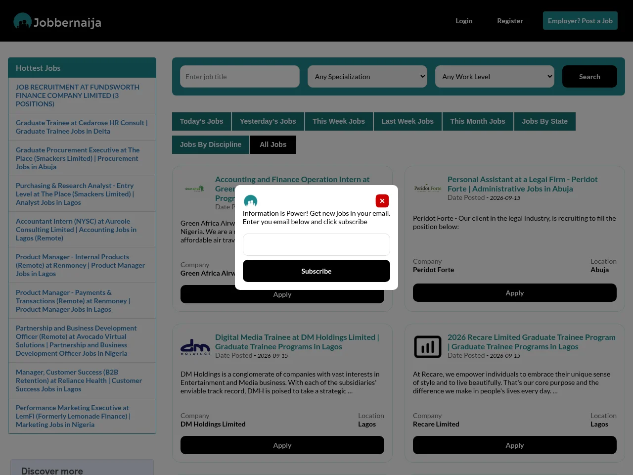 JobberNaija job board platform screenshot showing job search interface