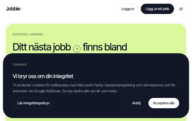 Jobble job board platform screenshot showing job search interface