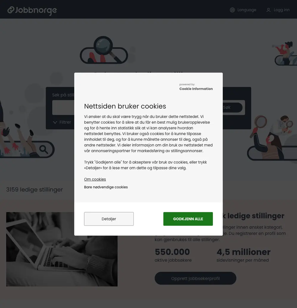 Jobbnorge.no job board platform screenshot showing job search interface
