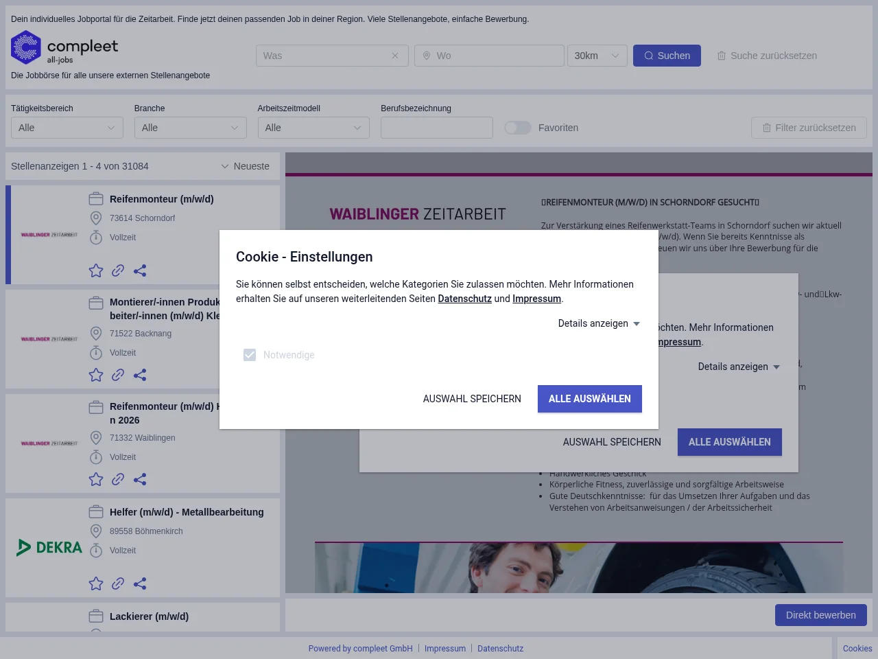 compleet Jobbörse für alle externen Stellenangebote screenshot compleet Jobbörse für alle externen Stellenangebote job board platform screenshot showing job search interface