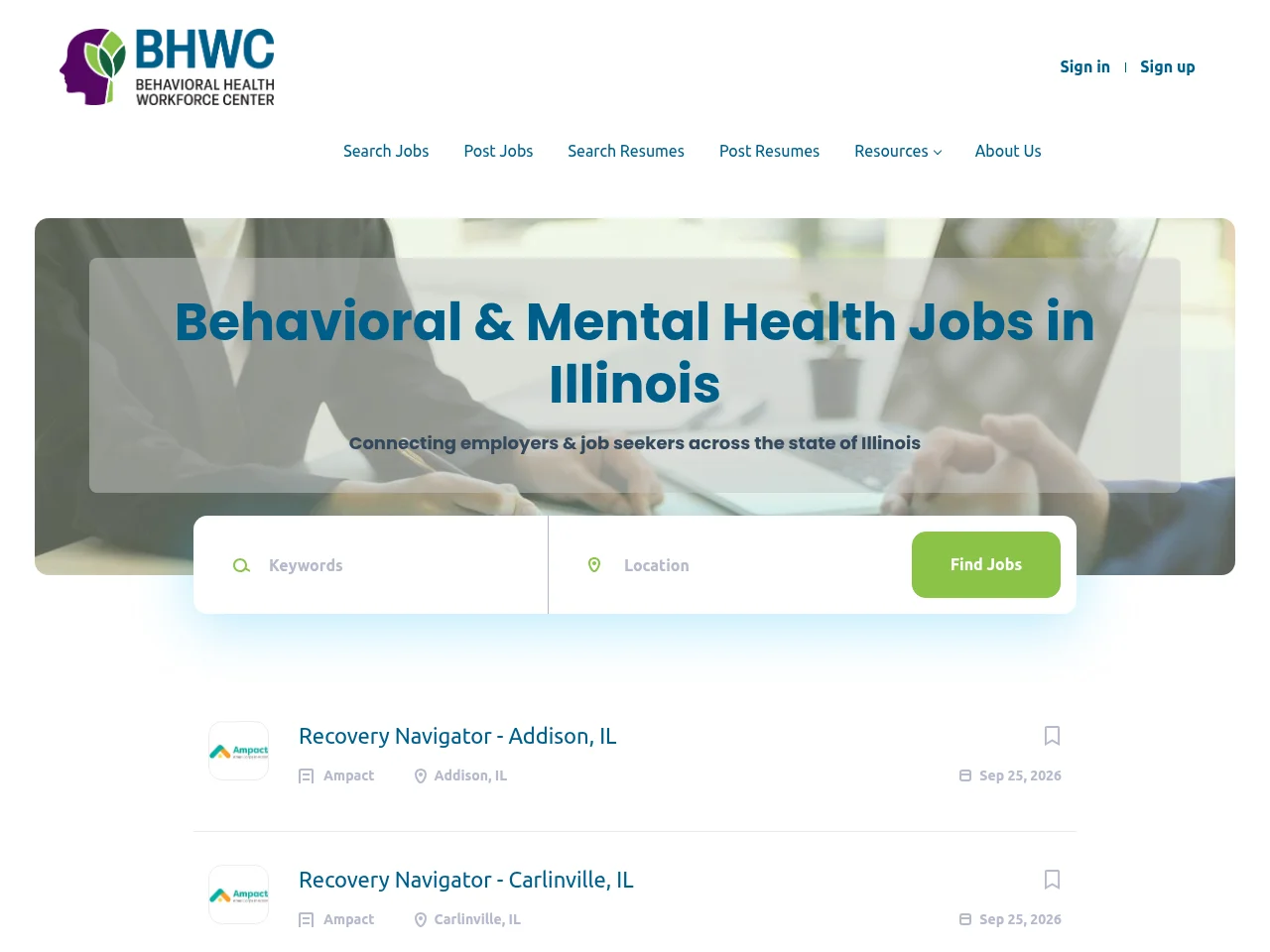 Illinois Behavioral Health Workforce Center Job Board screenshot Illinois Behavioral Health Workforce Center Job Board job board platform screenshot showing job search interface