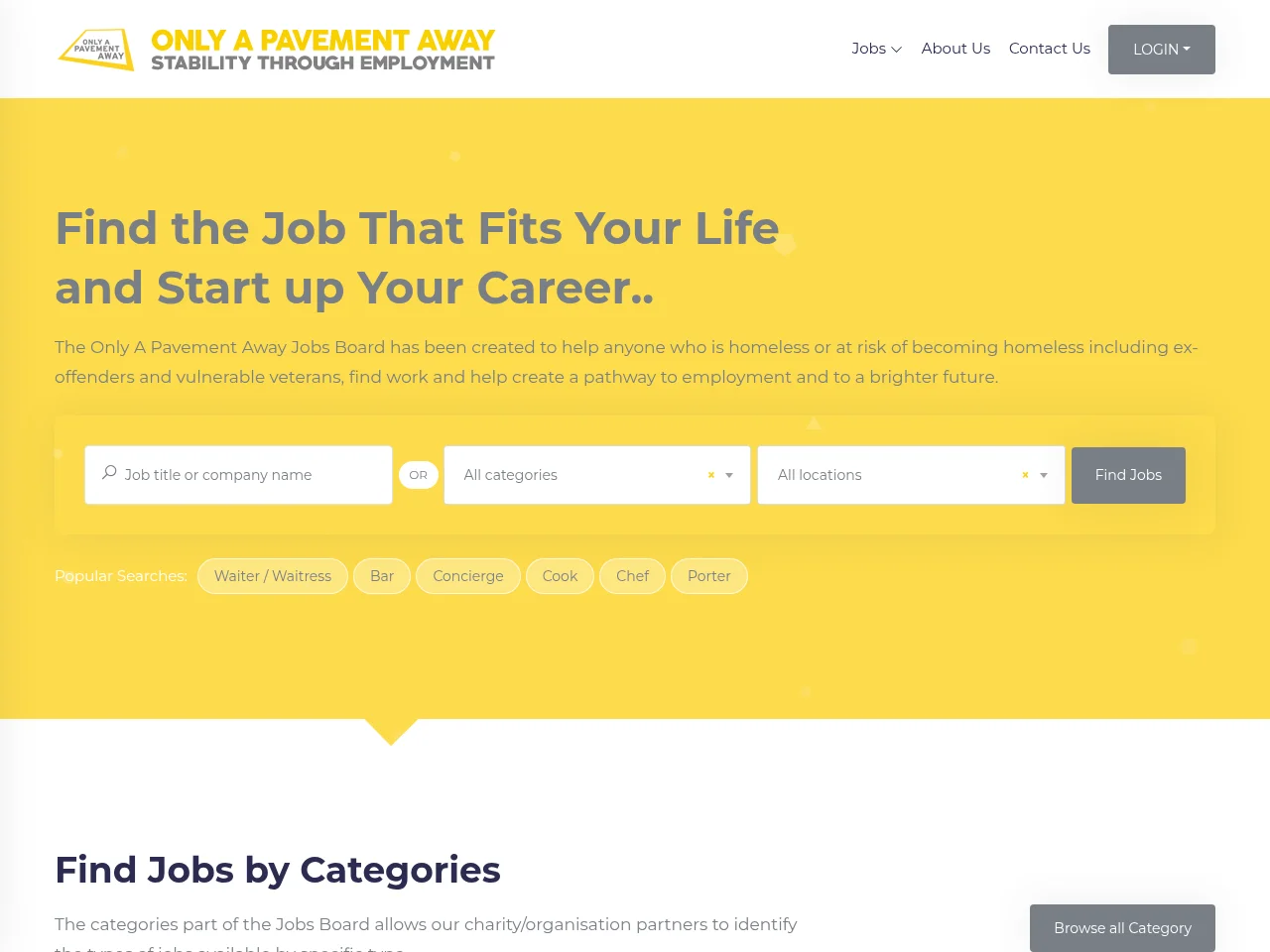 Only A Pavement Away Jobs Board job board platform screenshot showing job search interface
