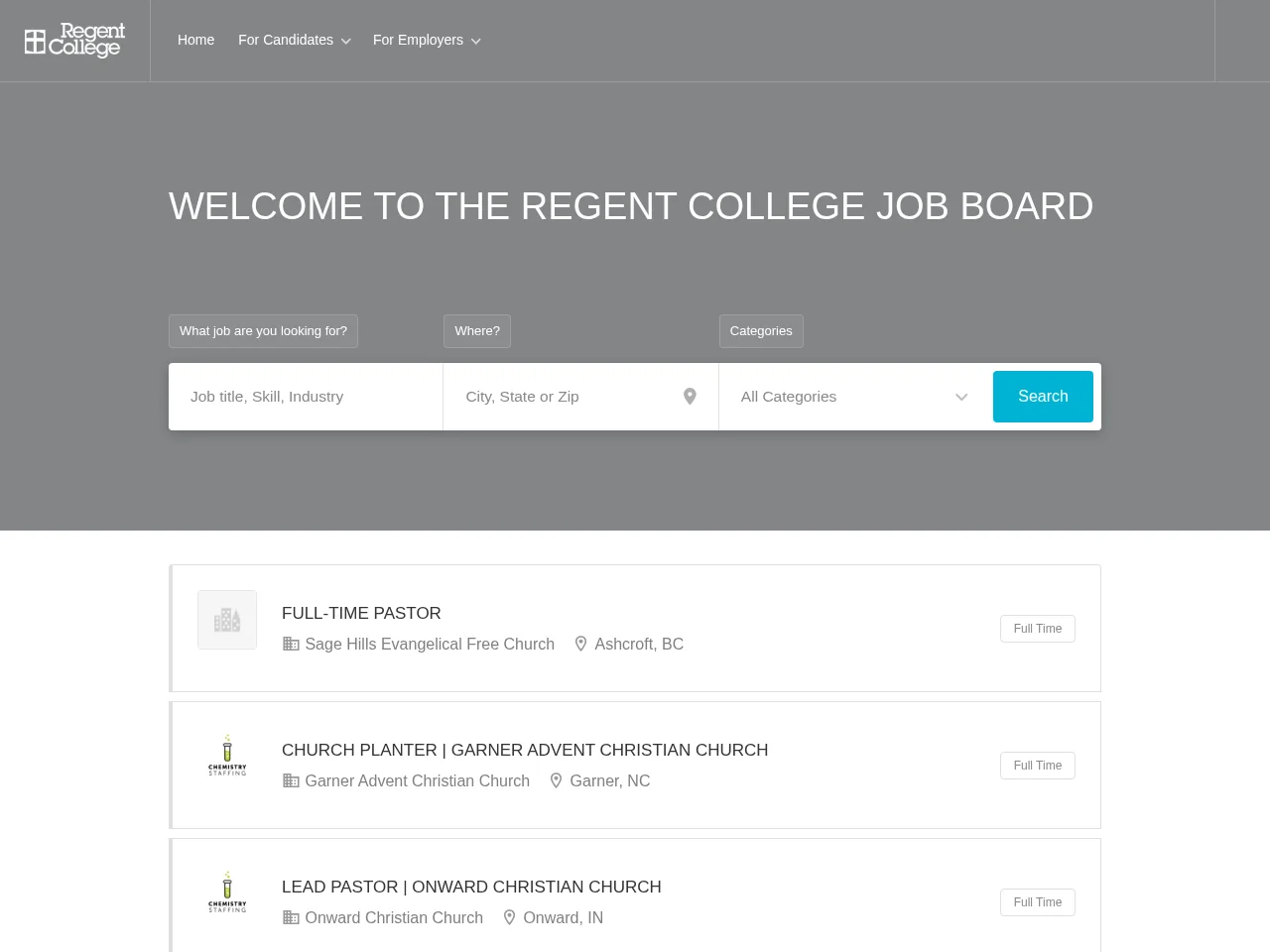 Regent College Job Board job board platform screenshot showing job search interface