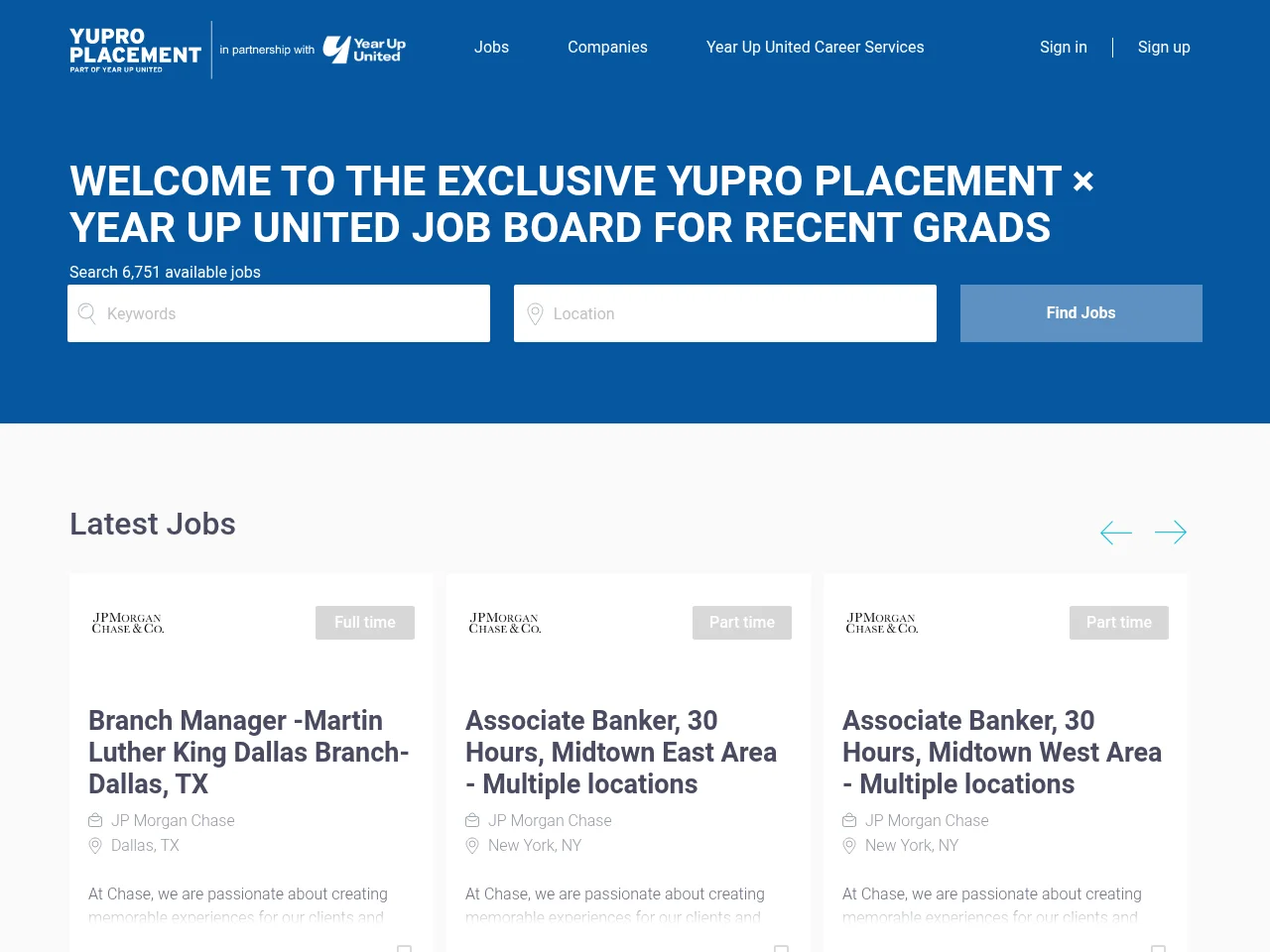 Year Up United Recent Graduate Job Board screenshot Year Up United Recent Graduate Job Board job board platform screenshot showing job search interface