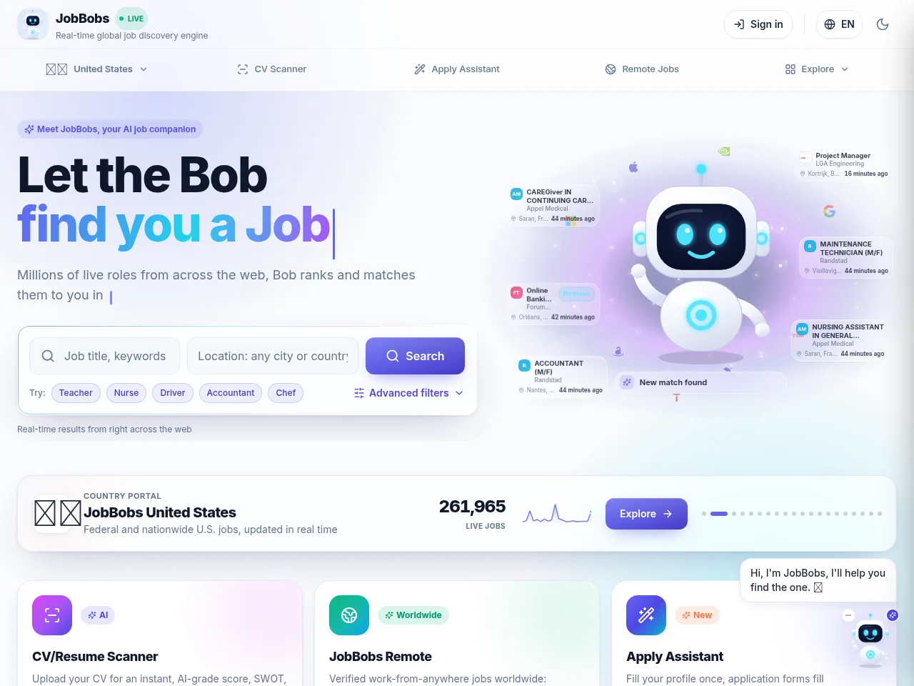 JobBobs job board platform screenshot showing job search interface